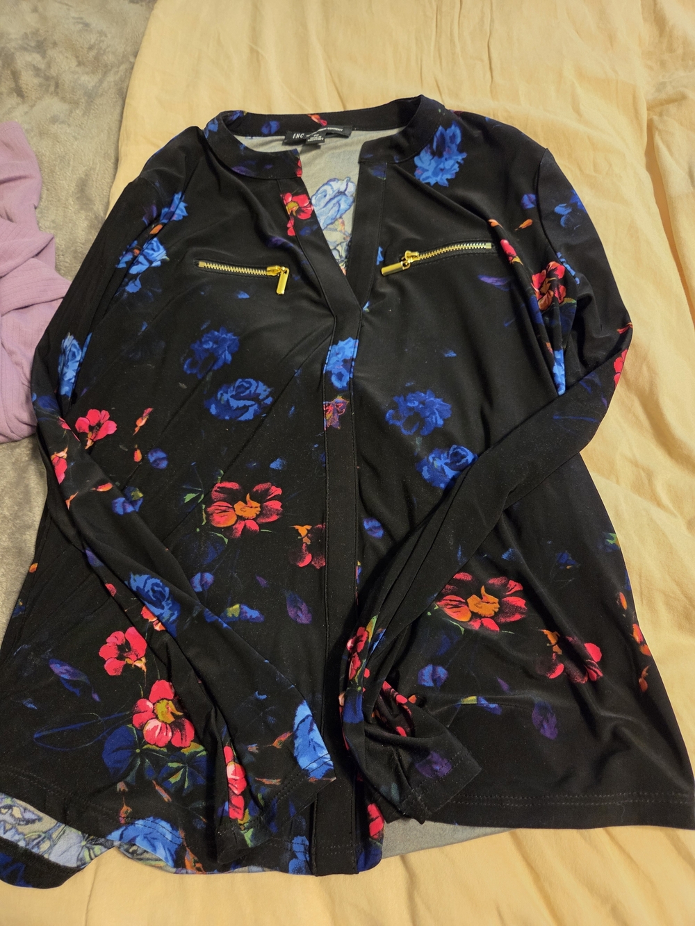 INC International Concepts Black Floral Zip-Front Top with Gold Zippers